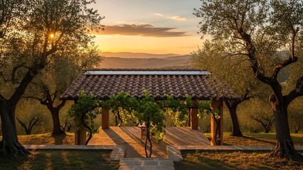 Serene Vineyard Pergola at Sunset.