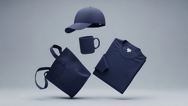 Collection of Dark Blue Merchandise Items Floating in Studio.