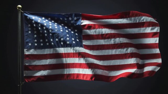 A slow motion video of the United States flag waving gracefully under spotlight lighting, capturing its vibrant stars and stripes in a patriotic closeup scene.

