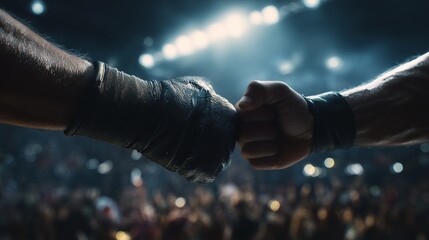 Friendly sports fist bump between athletes before match at competition with cheering crowd