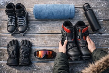 Top down winter sports bench gear layout with hands final check before competition
