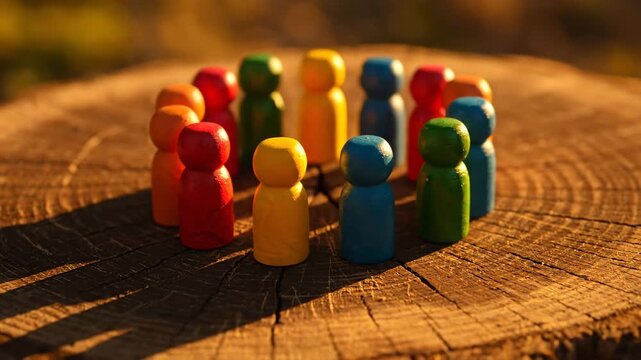 A group of colorful wooden figures stand in a circle on a tree stump, symbolizing unity, diversity, and community in warm sunlight outdoor.
