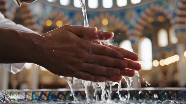 A Muslim man performs ablution, washing his hands with water for prayer in a mosque.