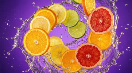 Exploded View Of Tropical Citrus Fruit Slices And Juice Splash 
