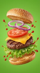 Delicious Beef Burger Ingredients Flying In The Air Isolated 