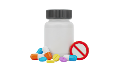 No Pills Allowed Sign with Medication Bottle and Pills