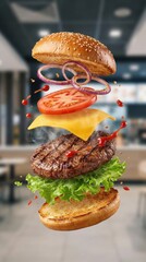 Delicious Beef Burger Ingredients Flying In The Air Isolated 