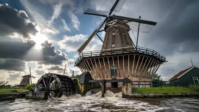 Historic Dutch Windmill and Water Wheel in Action Under Dramatic Sky.