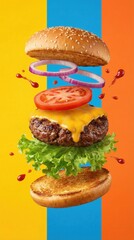 Delicious Beef Burger Ingredients Flying In The Air Isolated 