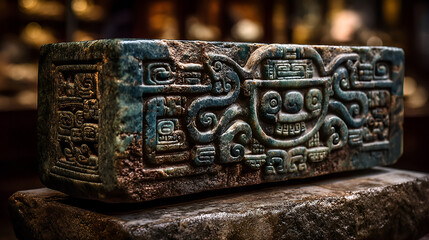 Ancient Stone Carving with Intricate Mayan Style Symbols on Transparent Background