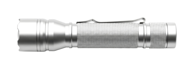 Metallic silver tactical flashlight with a textured grip and pocket clip provides essential illumination for outdoor adventures and emergency situations.