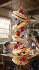 Flying Stack Of Pancakes With Berries And Honey Syrup Art