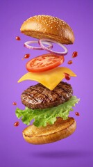 Delicious Beef Burger Ingredients Flying In The Air Isolated 