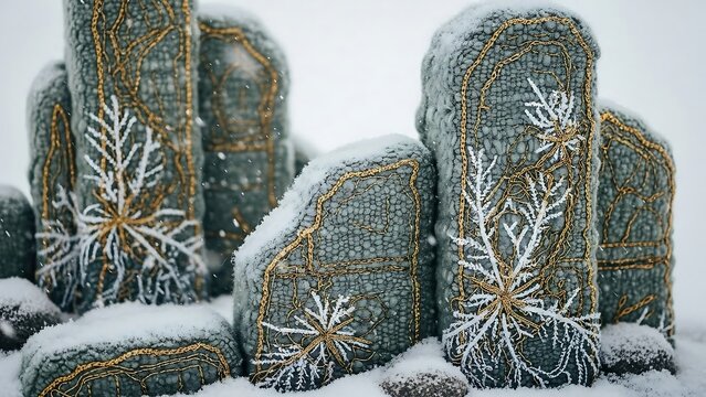 Snowy hay bales in winter landscape.
