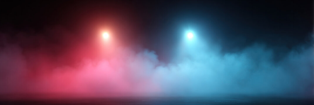 Two bright lights (red and blue) emit light through smoke in a dark, mysterious atmosphere, creating a dramatic stage or performance backdrop with vibrant color contrast.