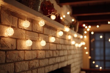 Cozy Indoor Decor with Glowing String Lights on a Brick Wall