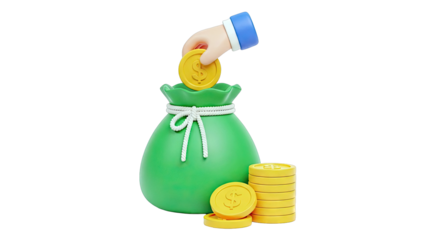 Hand depositing coin into a green money bag