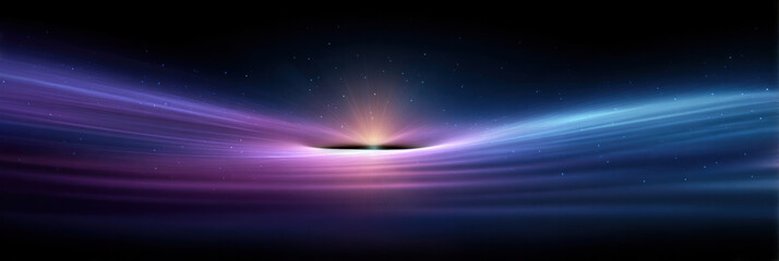 Abstract cosmic black hole visualization with gravitational lens effect, showing warped spacetime, purple-blue nebulous light trails, and star burst near event horizon.
