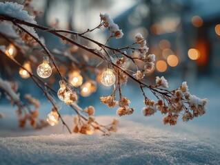 Snowy Branch with Decorative Lights in Winter Wonderland Scene