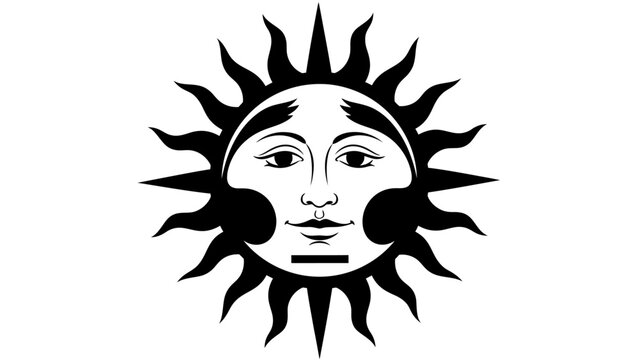 stylized sun face graphic illustration black and white with rays of light
