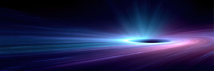 Obraz premium Visualization of a black hole's event horizon with gravitational lensing, light distortion, and accretion disk, illustrating extreme space-time curvature in astrophysics and cosmology.