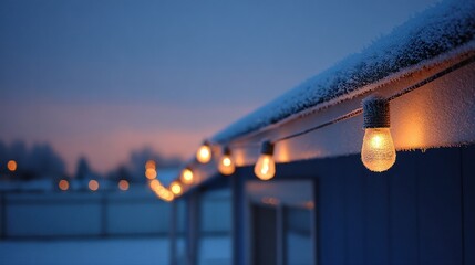 Warm Glow of Holiday Lights in Winter Evening Snow Scene