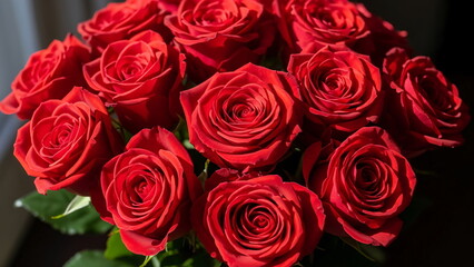 Obraz premium Bouquet of red roses for valentine, fresh flowers close up, romantic mood, natural light, dark elegant background, shallow depth of field, premium stock photo, no people, no text two
