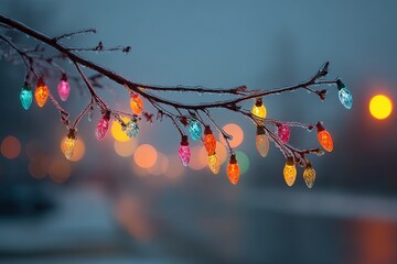 Colorful Christmas Lights on Tree Branch in Winter Wonderland Scene