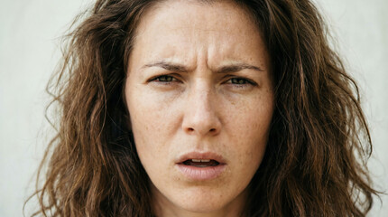 A woman's face, displaying a confused and worried expression