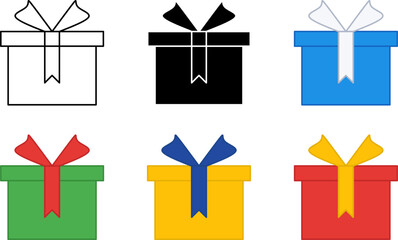 Gift box icon set with outline, solid silhouette, and blue, green, yellow, and red color styles. Present box vector illustration for UI, app, web, promotion, reward, sale, and holiday design.