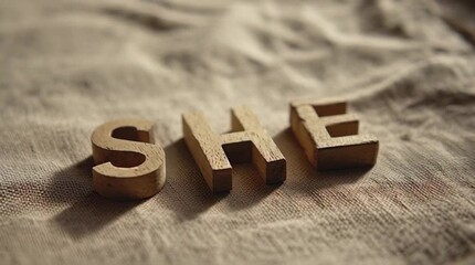 Hand arranging wooden letters on fabric surface