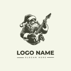 Naklejka premium A black and white illustration of Santa Claus playing an electric guitar with a logo name and slogan on a beige background.