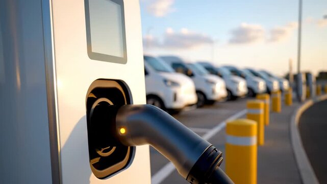 A close-up captures an electric vehicle charging station with vans parked in a row under a sunset and cloudy sky. It shows sustainable technology and infrastructure.