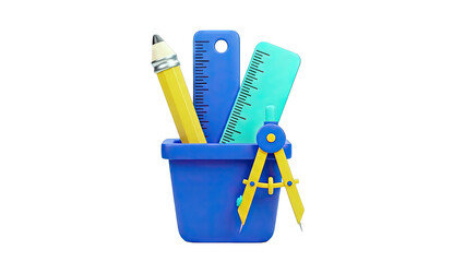 School Supplies in a Blue Container
