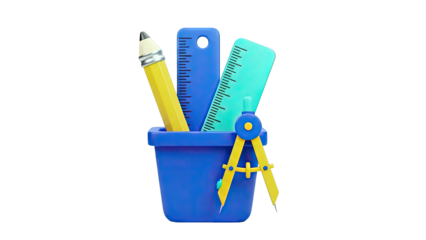 School Supplies in a Blue Container