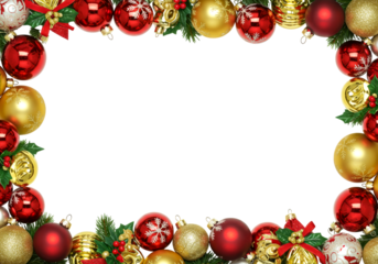 Christmas ornaments frame with festive red and gold decorations creating a beautiful border for holiday greetings and seasonal designs.
