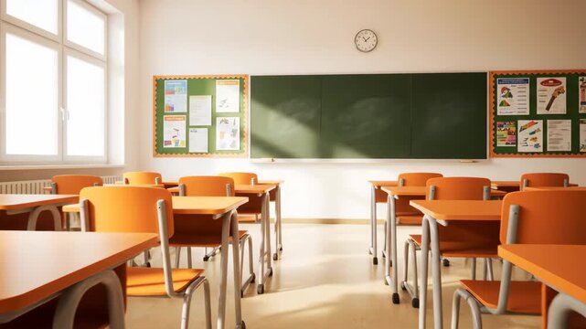 Brightly lit empty classroom featuring orange desks and chairs, a green chalkboard, and a clean, modern design. Focus on education and learning in an academic setting.