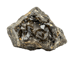 Dark brown crystalline mineral specimen with intricate facets and a rough texture, showcasing the natural beauty of geological formations.