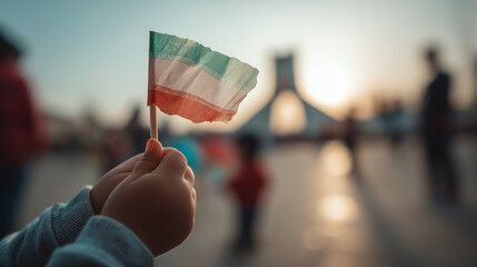 Celebrating the Anniversary of the Islamic Revolution on Iran's national day with a small Iranian flag held high in a public gathering