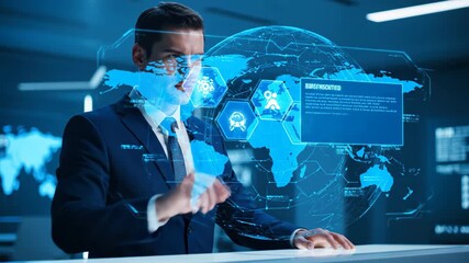 A businessman interacts with a blue holographic world map and iconography in an office setting showcasing modern technology and global connectivity. - Powered by Adobe