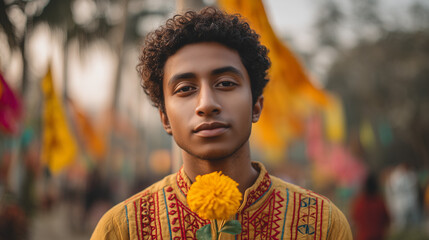 A young man enjoys Pohela Falgun celebrations in Bangladesh with a flower in his traditional attire