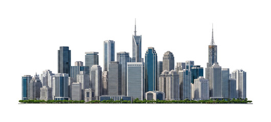 Modern city skyline features numerous towering skyscrapers and high-rise buildings, creating an impressive urban landscape with a vibrant commercial atmosphere.