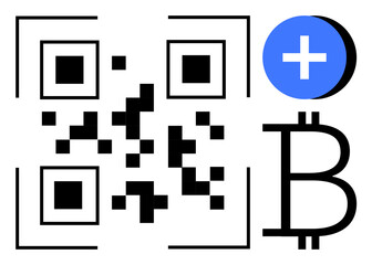 Fototapeta premium Cryptocurrency concept. QR code linked to Bitcoin payments and financial transactions. Cryptocurrency streamlining digital financial exchanges and blockchain-based transactions. For fintech, digital