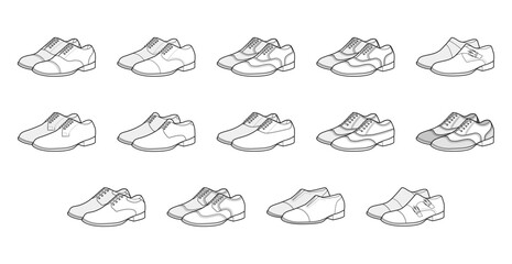 Mens dress shoes line art set. Oxford derby brogue wingtip spectator, balmoral blucher buck dress shoe monk strap outline. Technical footwear sketch vector women unisex isolated.