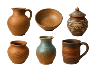 Various handmade clay pottery items showcase traditional craftsmanship and rustic charm, featuring unique designs, earthy textures, and diverse forms for home decor.