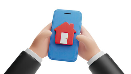 Hands holding smartphone with house icon