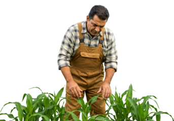 Male farmer carefully inspects young corn plants, meticulously checking their health and robust growth, ensuring a bountiful harvest in the fertile agricultural field.