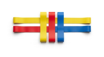Colorful Resistance Bands: Dynamic bands in a striking yellow, red, and blue arrange across the frame, a simple yet impactful vision of fitness and well-being.
