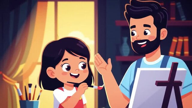 A bearded artist in a studio with a young girl creating 2D animation using vector style and flat design on an easel with motion graphics