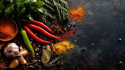 Fresh herbs and spices are placed on a dark surface. There are green and red chilies garlic bay leaves and various colorful spices ready for meal preparation.